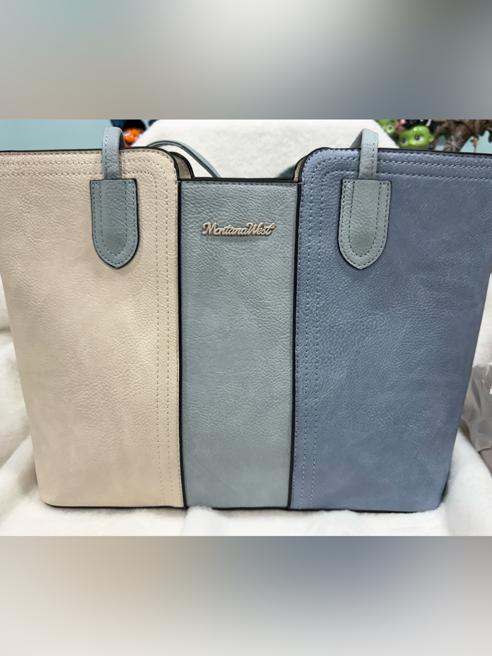 NWT- Montana West Colorblock Tri-Panel Tote in Cream and Light Blue Shades